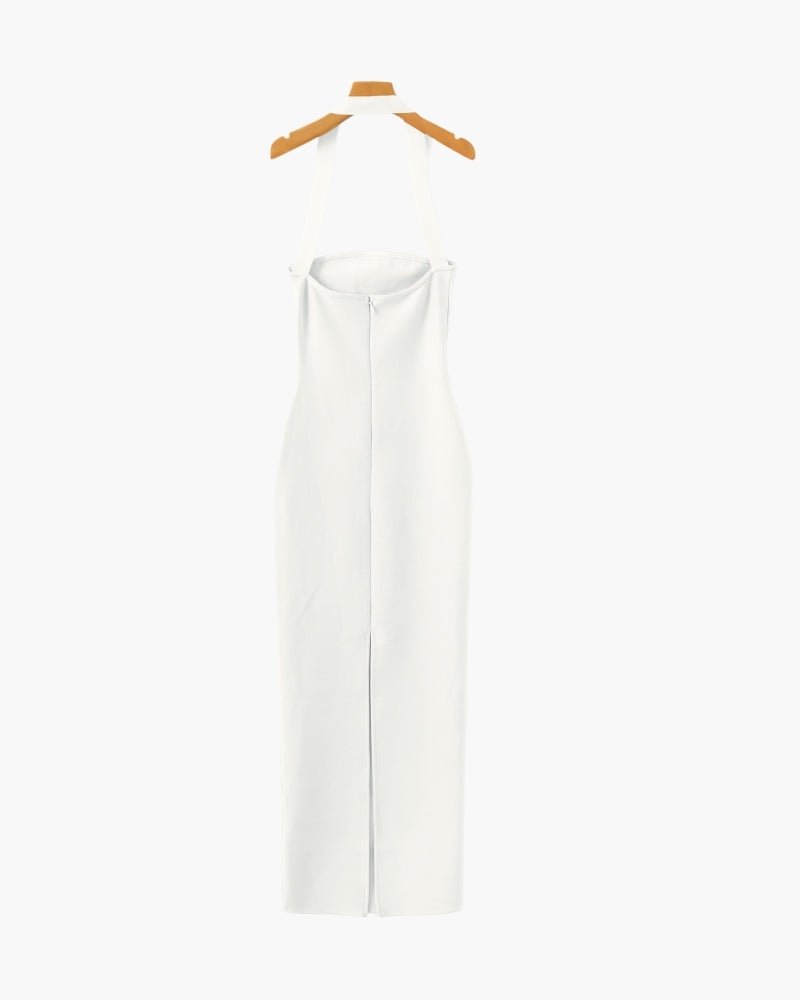 Elegant Halter-Neck Maxi Dress with Sleek Slim-Fit Silhouette