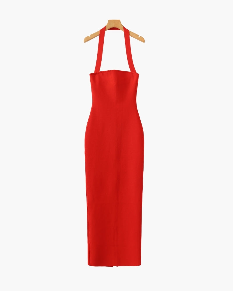 Elegant Halter-Neck Maxi Dress with Sleek Slim-Fit Silhouette