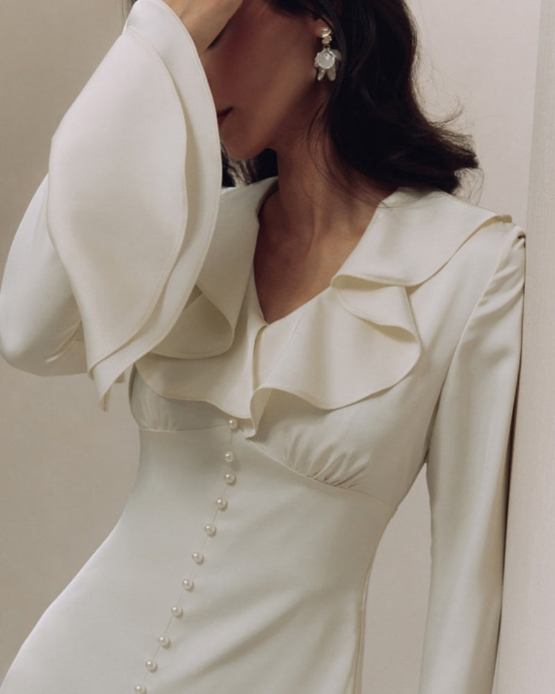 Chic Pearl Button-Detail Ruffle Midi Dress