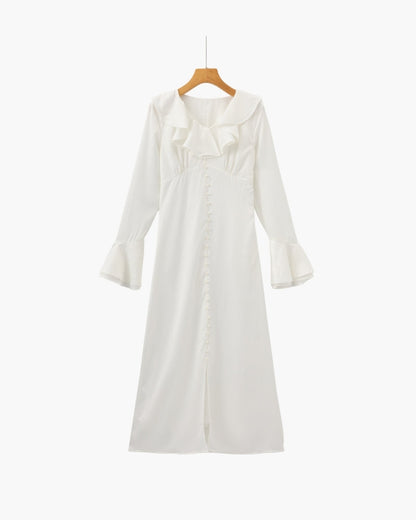 Chic Pearl Button-Detail Ruffle Midi Dress