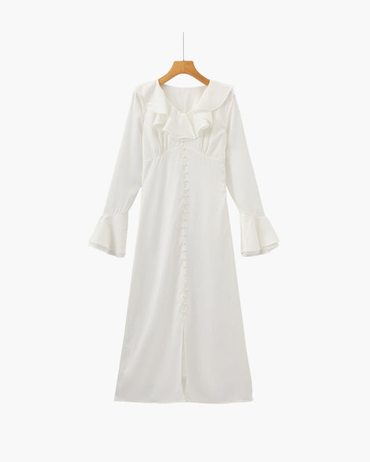 Chic Pearl Button-Detail Ruffle Midi Dress