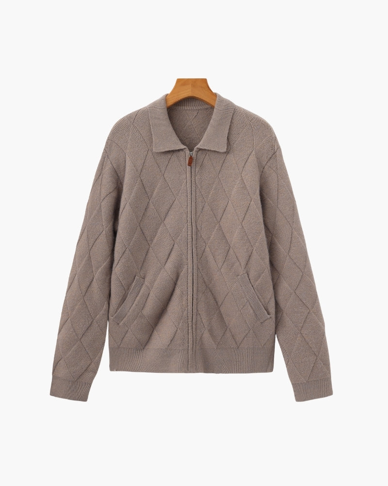 Heritage Diamond Knit Zip Cardigan – Luxurious Diamond-Knit, Cozy Zip-Up Style