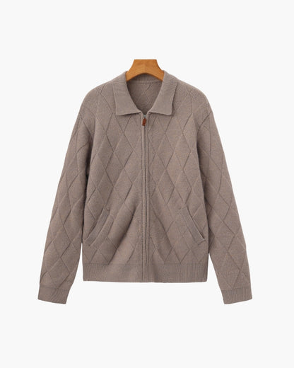 Heritage Diamond Knit Zip Cardigan – Luxurious Diamond-Knit, Cozy Zip-Up Style