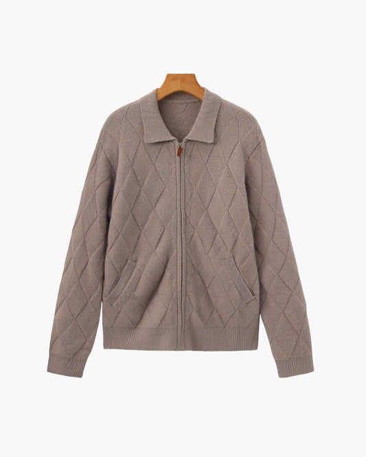 Heritage Diamond Knit Zip Cardigan – Luxurious Diamond-Knit, Cozy Zip-Up Style