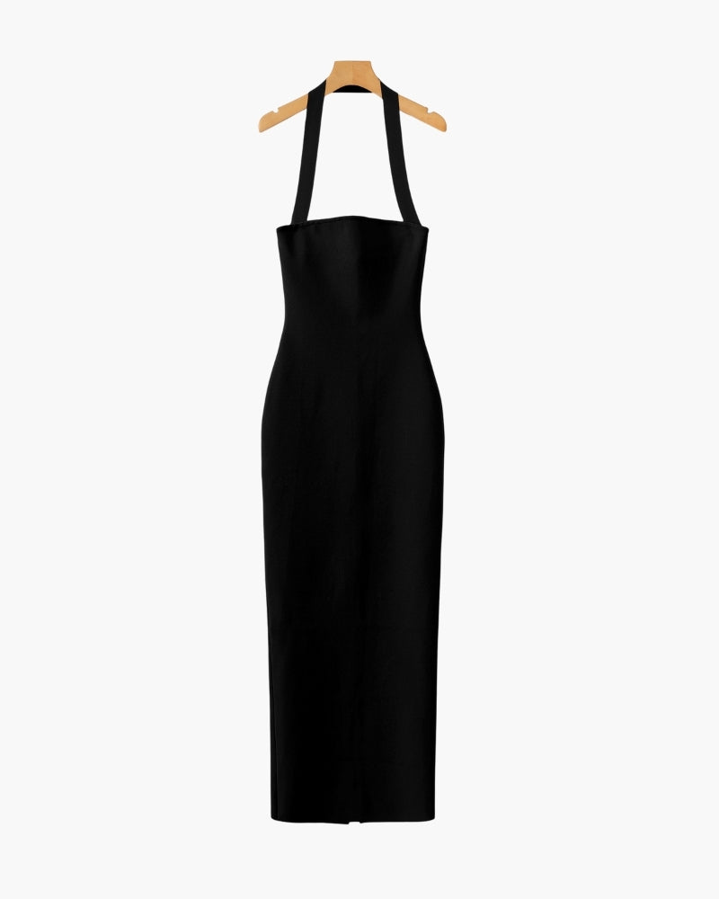 Elegant Halter-Neck Maxi Dress with Sleek Slim-Fit Silhouette