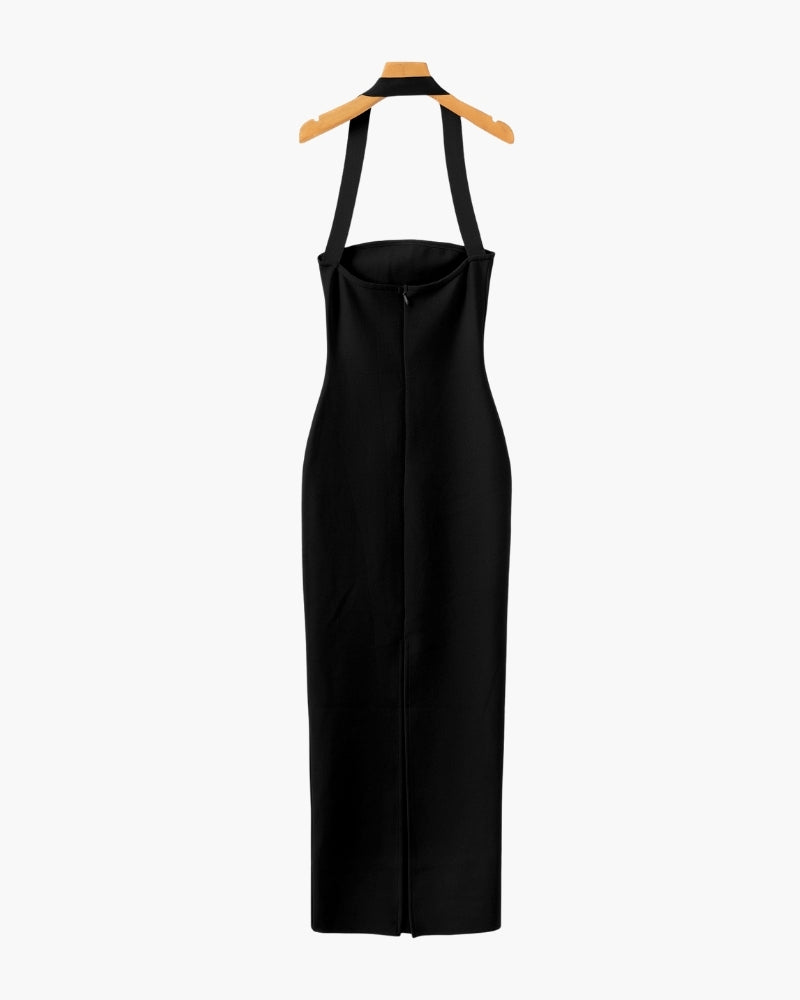 Elegant Halter-Neck Maxi Dress with Sleek Slim-Fit Silhouette