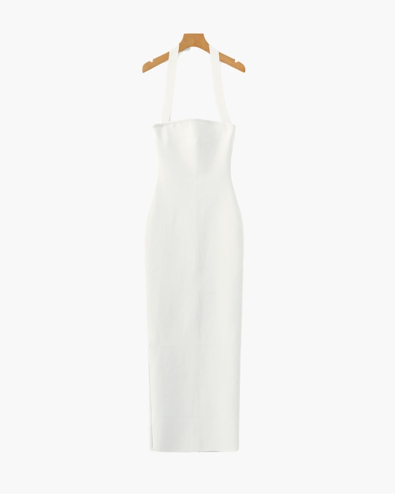 Elegant Halter-Neck Maxi Dress with Sleek Slim-Fit Silhouette