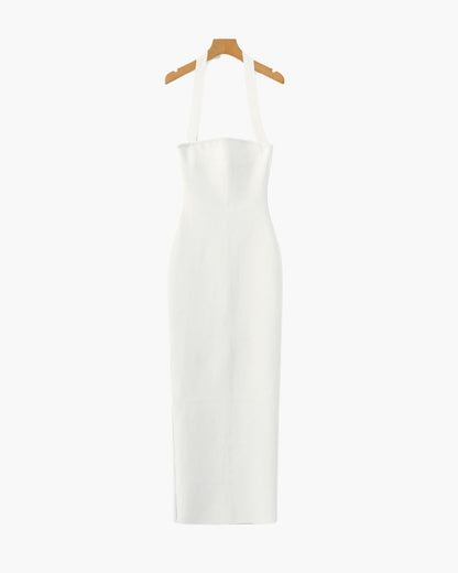 Elegant Halter-Neck Maxi Dress with Sleek Slim-Fit Silhouette