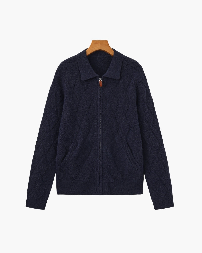Heritage Diamond Knit Zip Cardigan – Luxurious Diamond-Knit, Cozy Zip-Up Style