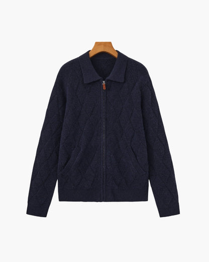 Heritage Diamond Knit Zip Cardigan – Luxurious Diamond-Knit, Cozy Zip-Up Style