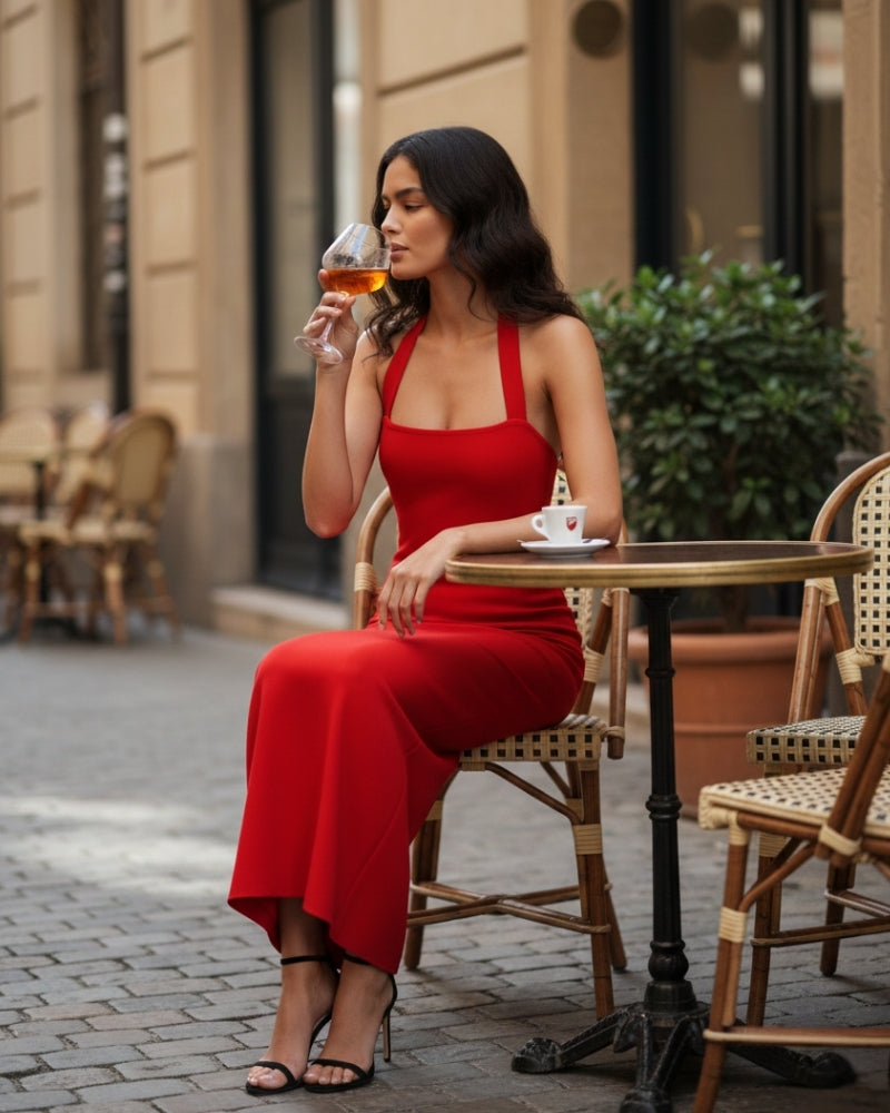 Elegant Halter-Neck Maxi Dress with Sleek Slim-Fit Silhouette