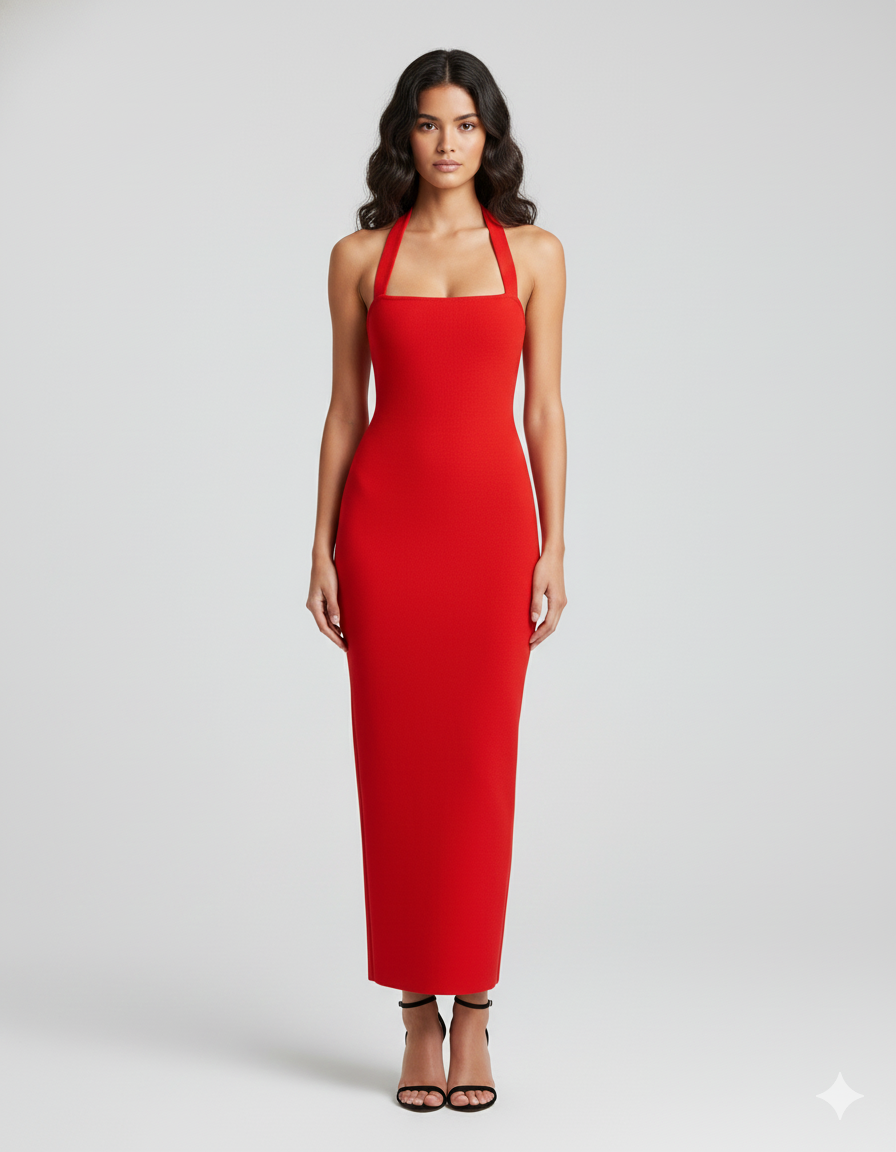 Elegant Halter-Neck Maxi Dress with Sleek Slim-Fit Silhouette